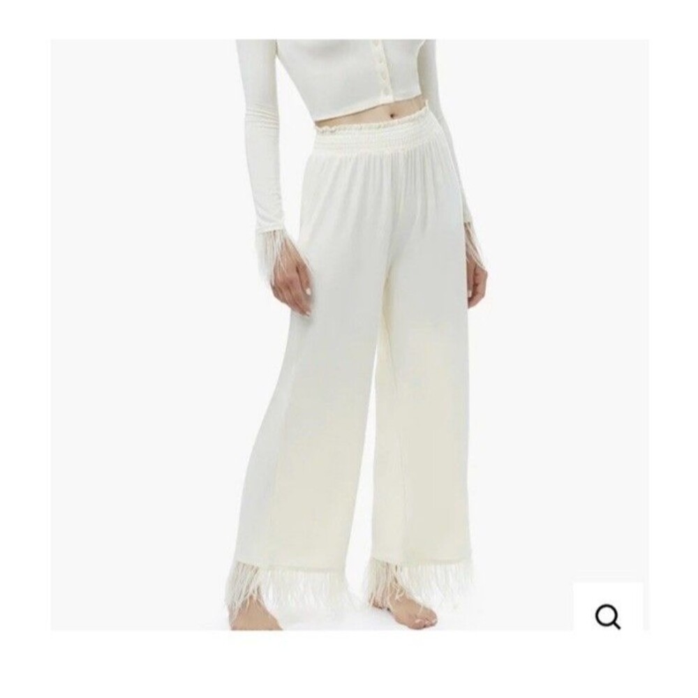 WeWoreWhat Feather-Trimmed Wide-Leg Pants Color White Size Medium New $138